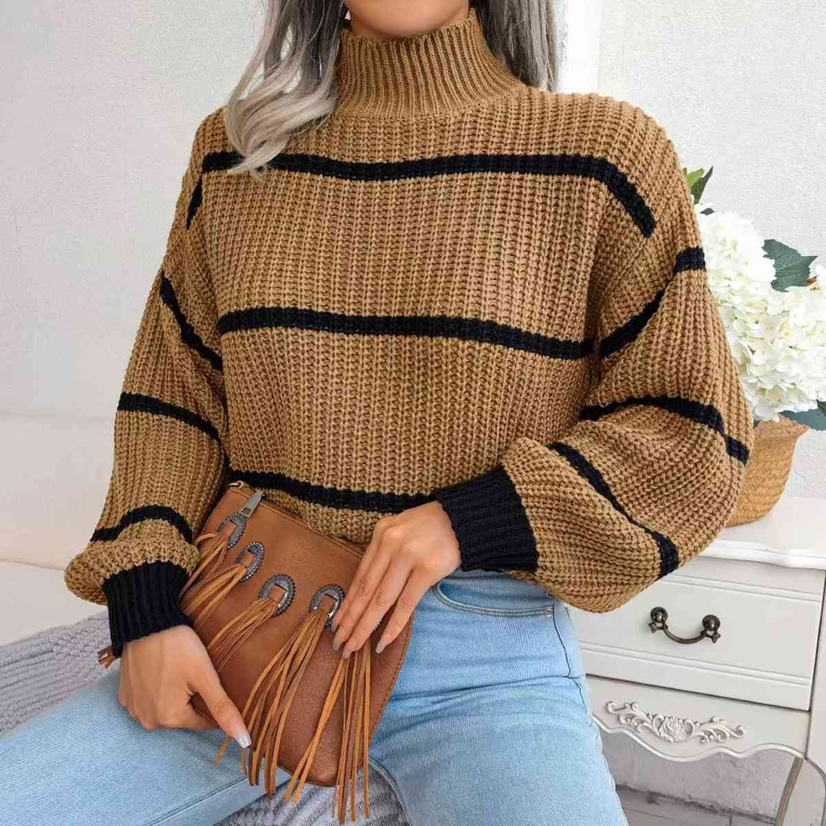 Striped Mock Neck Chunky Sweater