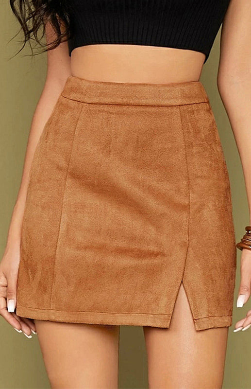 Soft Suede Mini Skirt with Slit Detail