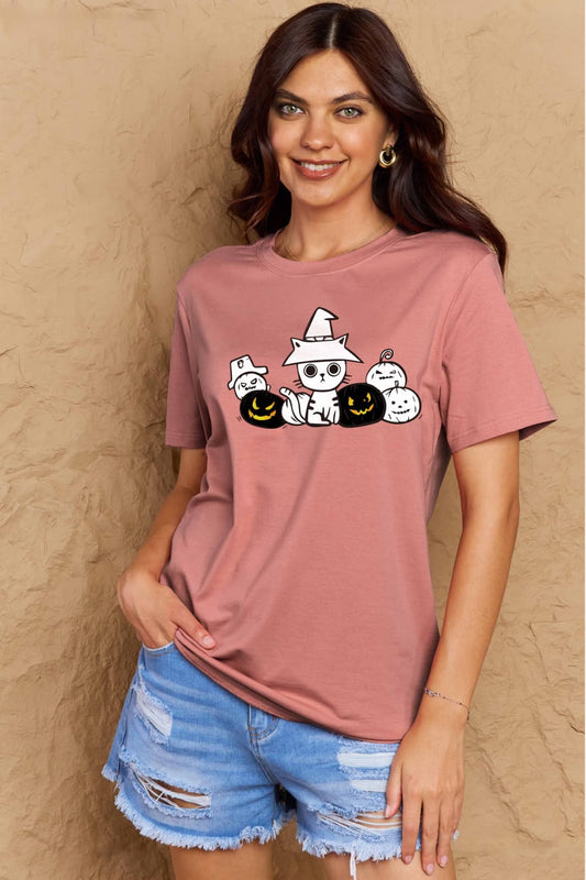 Regular & Plus Size Cat & Pumpkin Graphic Cotton T-Shirt