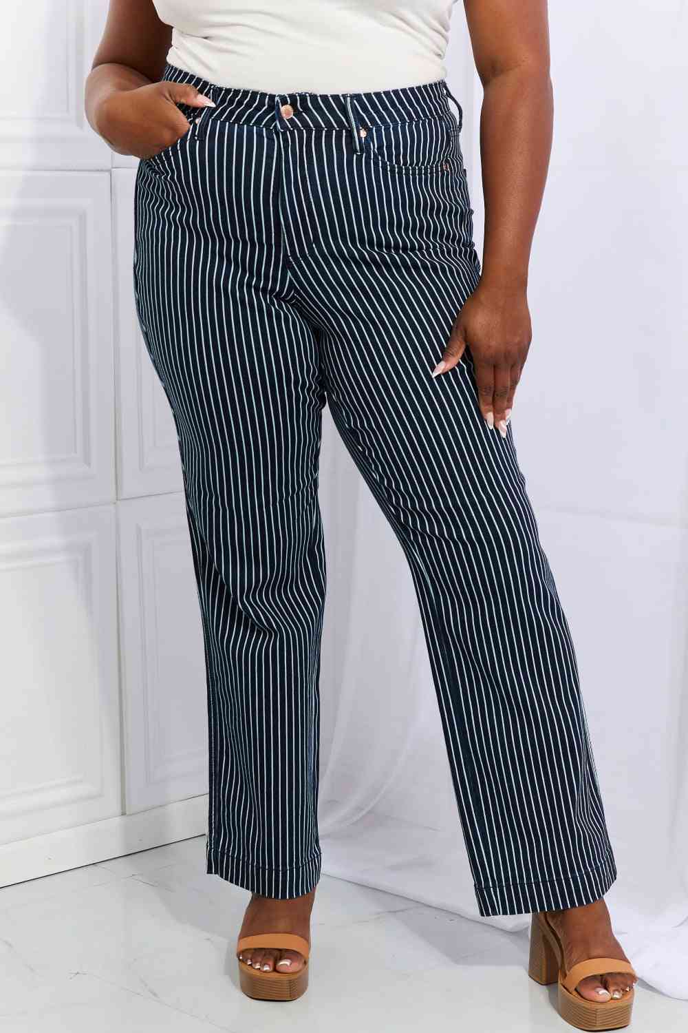 Judy Blue Cassidy Regular & Plus Size High Waisted Tummy Control Striped Straight Jeans