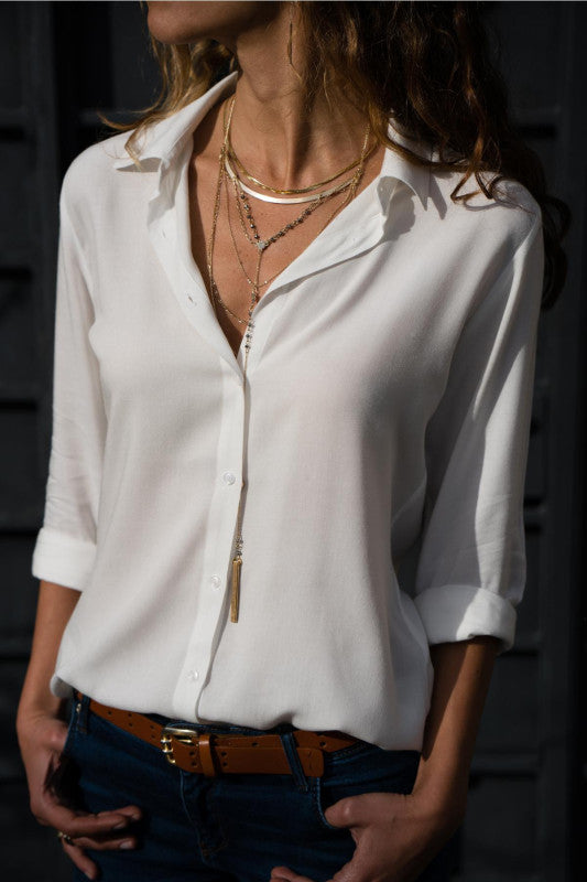 Long Sleeve Deep V Button-up Chiffon Shirt