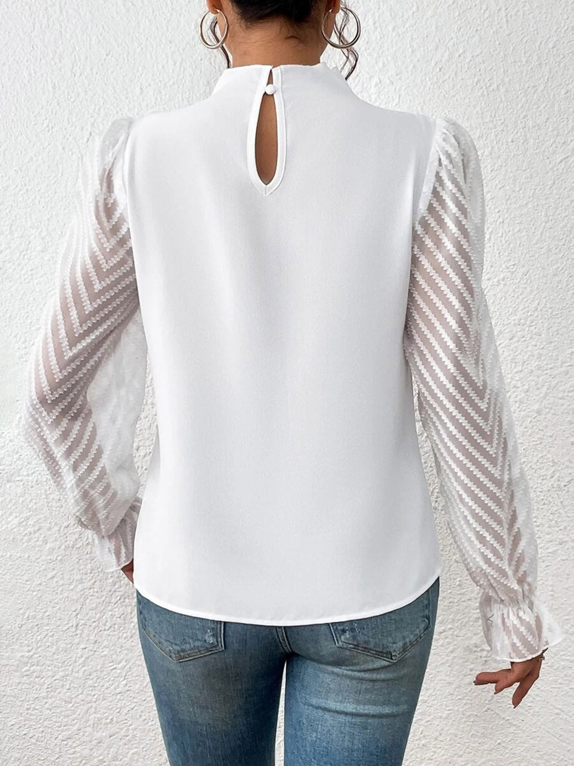 Beautiful Mock Neck Blouse with Mesh Design Sleeves