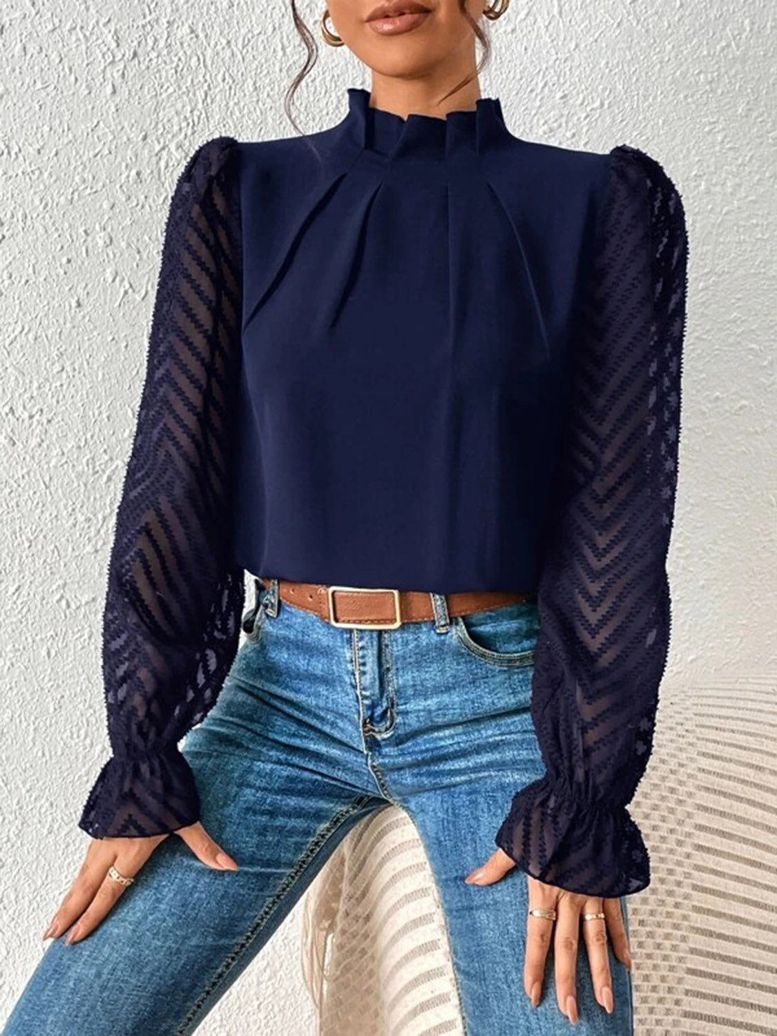 Beautiful Mock Neck Blouse with Mesh Design Sleeves