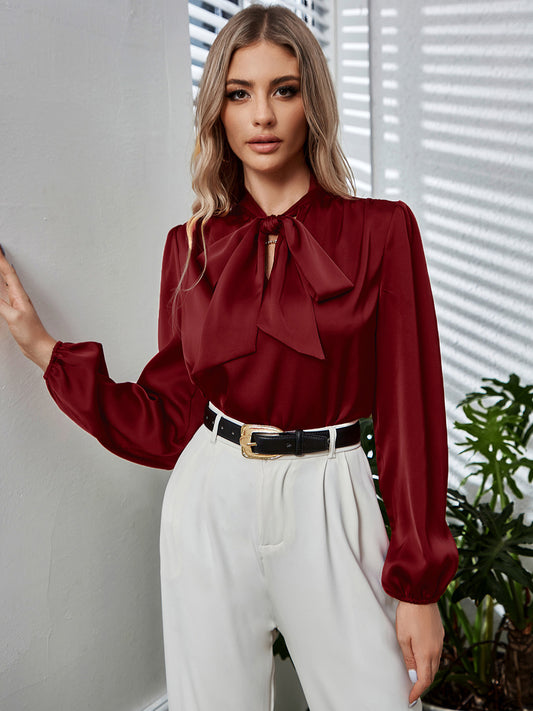 Bow Neck Long Puff Sleeve Blouse