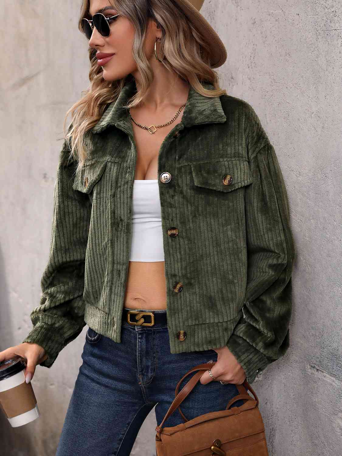 Cropped Button Front Jacket with Pockets