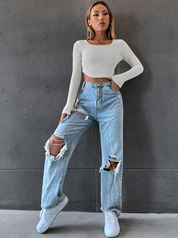 Cropped Square Neck Waffle-Knit Top