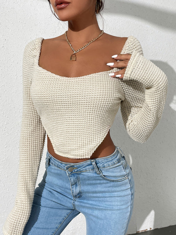 Long Sleeve Waffle Knit Square Neck Crop Top