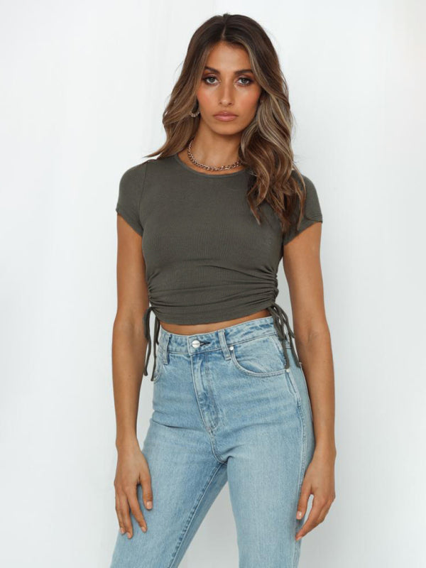 Crewneck Cropped Tee w/Ruched Tie Sides