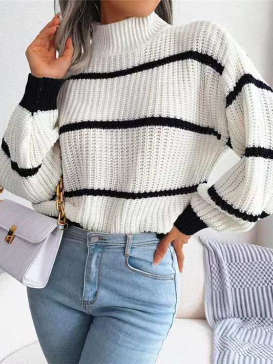 Cute Striped Sweater w/Mock Neck and Balloon Sleeves