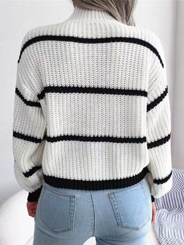 Cute Striped Sweater w/Mock Neck and Balloon Sleeves
